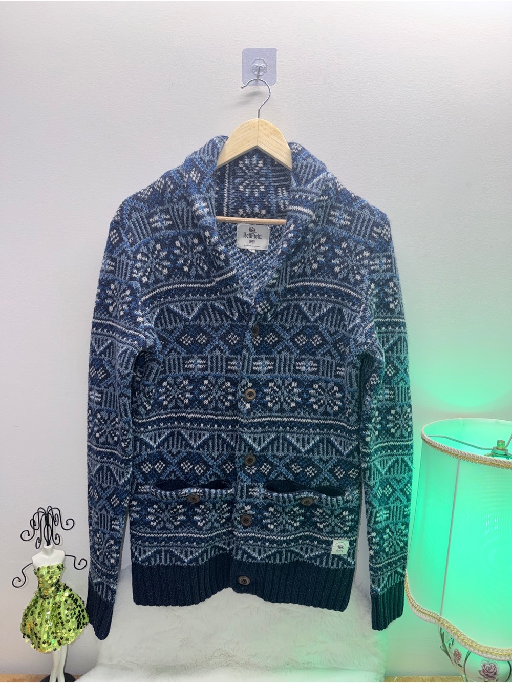 BellField 15% Wool Navy and White Fair Isle Shawl Collar Men’s Cardigan Unisex 💝